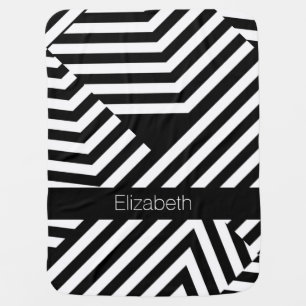Trendy Black and White Geometric Stripes Baby Name Receiving Blanket
