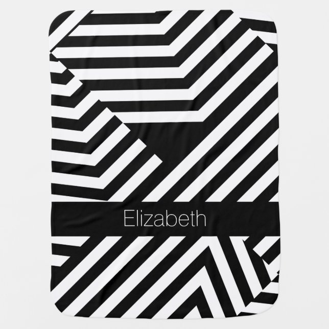 Trendy Black and White Geometric Stripes Baby Name Receiving Blanket (Front)