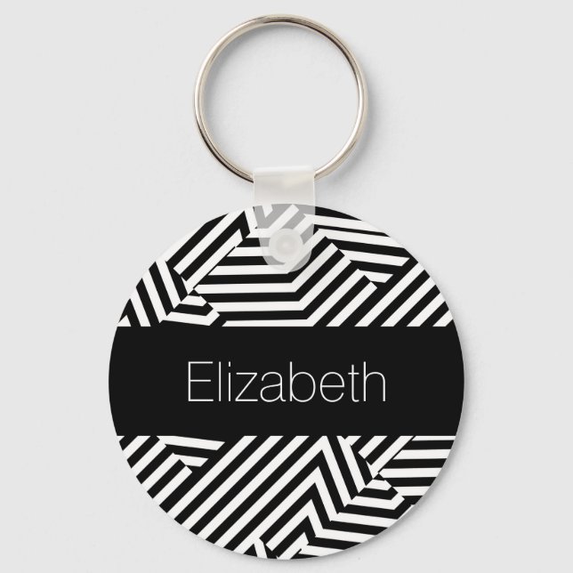 Trendy Black and White Geometric Stripes With Name Keychain (Front)