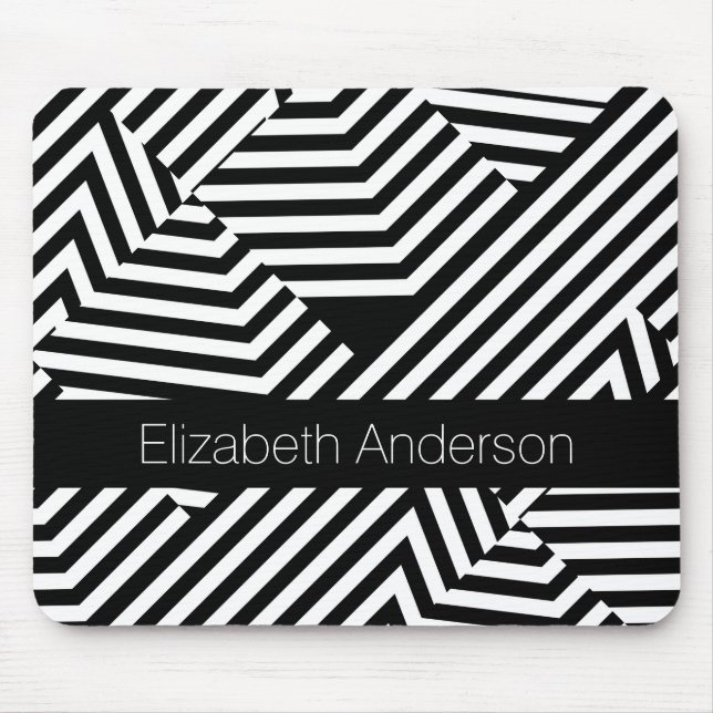 Trendy Black and White Geometric Stripes With Name Mouse Pad (Front)