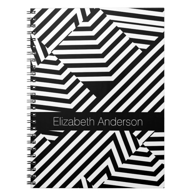 Trendy Black and White Geometric Stripes With Name Notebook (Front)