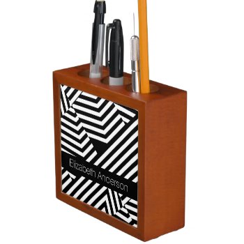 Trendy Black And White Geometric Stripes With Name Pencil/pen Holder by ohsogirly at Zazzle