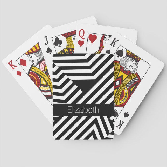 Trendy Black and White Geometric Stripes With Name Poker Cards (Back)