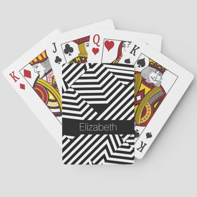 Trendy Black and White Geometric Stripes With Name Poker Cards (Back)