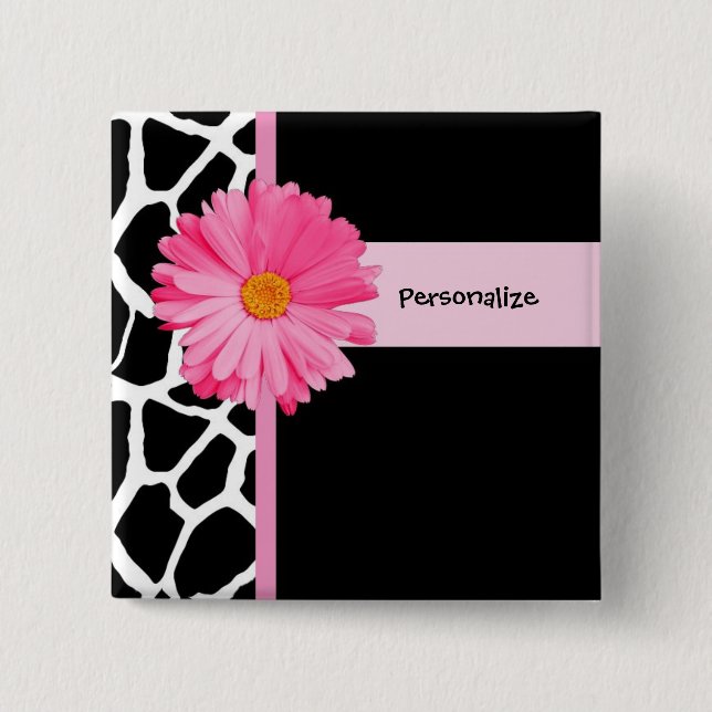 Trendy Black And White Giraffe Pink Daisy and Name Button (Front)