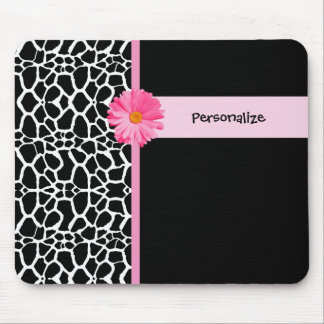 Trendy Black And White Giraffe Pink Daisy and Name Mouse Pad
