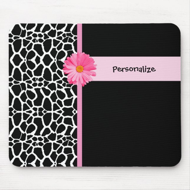 Trendy Black And White Giraffe Pink Daisy and Name Mouse Pad (Front)