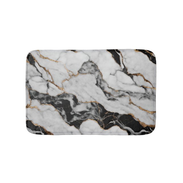 Trendy Black and White Gold Marble Bath Mat (Front)