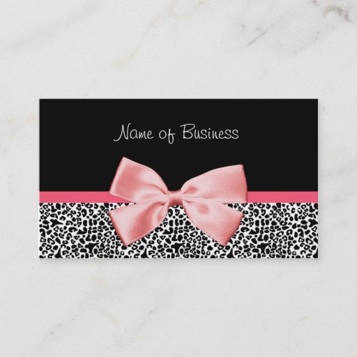 Customizable Trendy Black And White Leopard Print Pink Ribbon Business Card Template