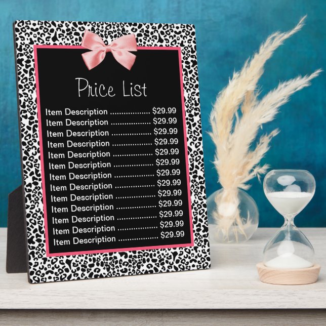 Trendy Black And White Leopard Print Price List Plaque (Side)