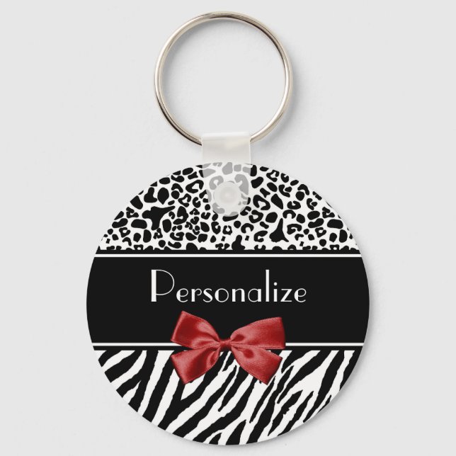 Trendy Black And White Leopard Zebra Print Red Bow Keychain (Front)