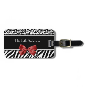 Trendy Black And White Leopard Zebra Print Red Bow Luggage Tag