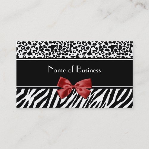 Trendy Black And White Leopard Zebra Red Ribbon Business Card Templates