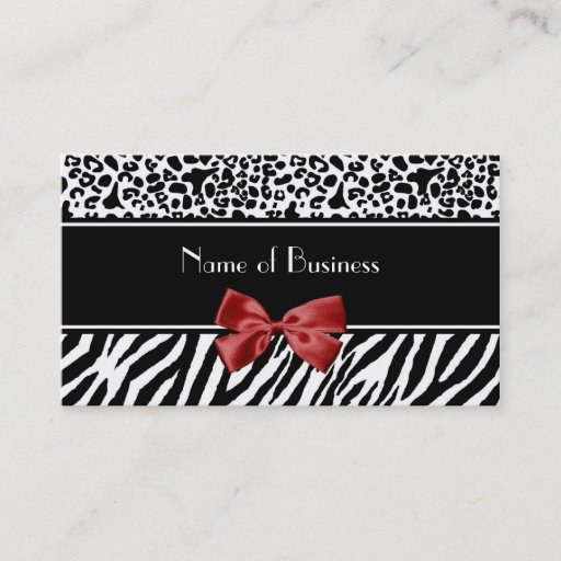 Customizable Trendy Black And White Leopard Zebra Red Ribbon Business Card Templates