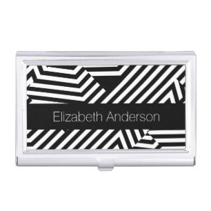 Trendy Black and White Modern Stripes With Name Business Card Case