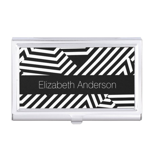 Trendy Black and White Modern Stripes With Name Business Card Case (Front)