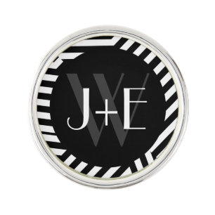 Trendy Black and White Monogram Stripes Wedding Lapel Pin