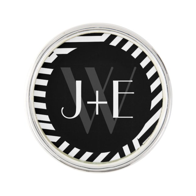 Trendy Black and White Monogram Stripes Wedding Lapel Pin (Front)