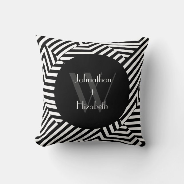 Trendy Black and White Monogram Stripes Wedding Throw Pillow (Front)