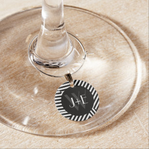 Trendy Black and White Monogram Stripes Wedding Wine Glass Charm