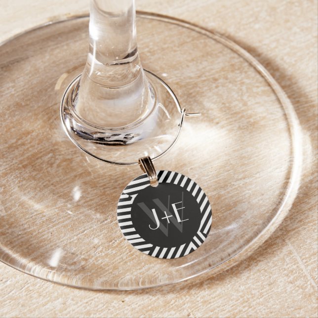 Trendy Black and White Monogram Stripes Wedding Wine Glass Charm (In Situ)