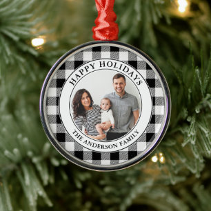 Trendy Black and White Plaid Happy Holidays Metal Ornament