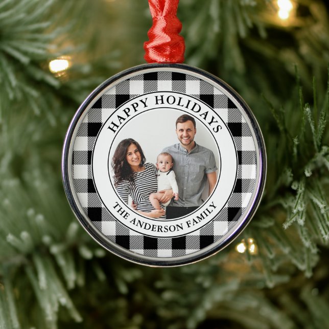 Trendy Black and White Plaid Happy Holidays Metal Ornament (Tree)