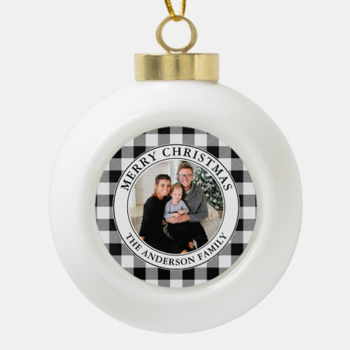 Trendy Black and White Plaid Merry Christmas Ceramic Ball Christmas Ornament
