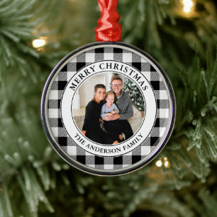 Trendy Black and White Plaid Merry Christmas Metal Ornament