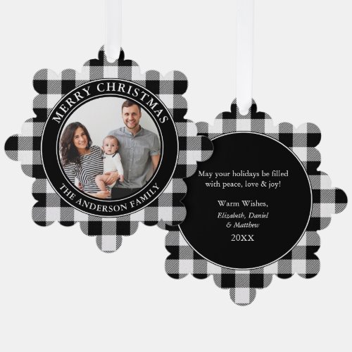 Trendy Black and White Plaid Merry Christmas Ornament Card