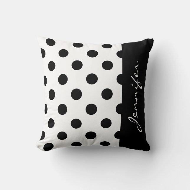 Trendy Black and White Polka Dot with Name Throw Pillow (Front)