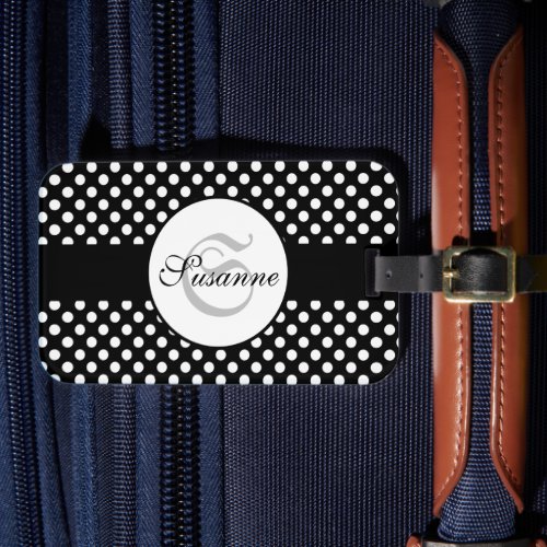 Trendy Black and White polka dots Monogram Luggage Tag