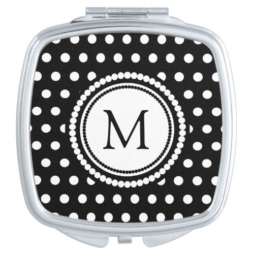 Trendy Black And White Polka Dots Monogram Pattern Mirror For Makeup