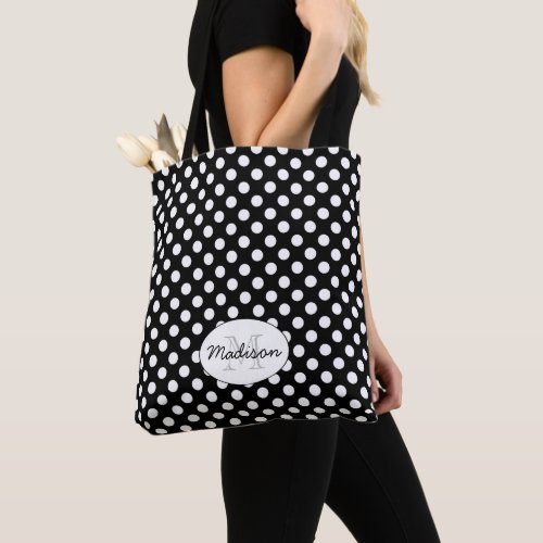 Trendy Black and White polka dots Monogram Tote Bag