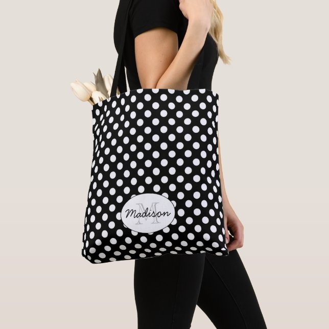 Trendy Black and White polka dots Monogram Tote Bag (Close Up)