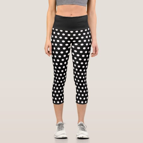 Trendy Black and White polka dots pattern Capri Leggings