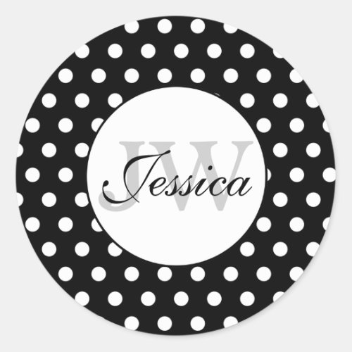 Trendy Black and White polka dots pattern Monogram Classic Round Sticker