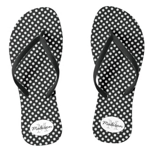 Trendy Black and White polka dots pattern Monogram Flip Flops