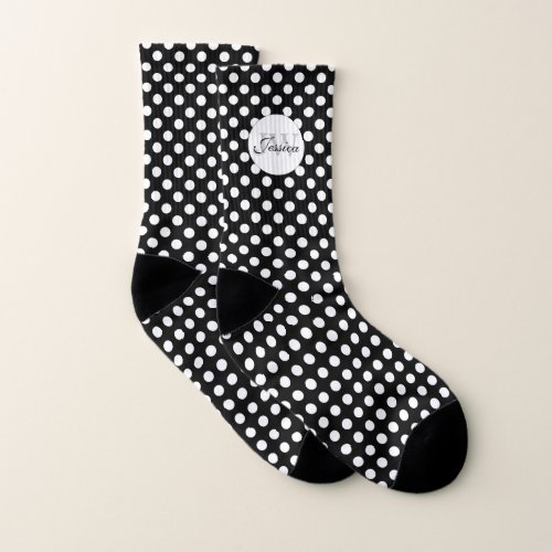 Trendy Black and White polka dots pattern Monogram Socks