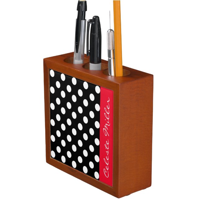 Trendy Black and White Polka Dots with Monogram Pencil Holder (In Situ)