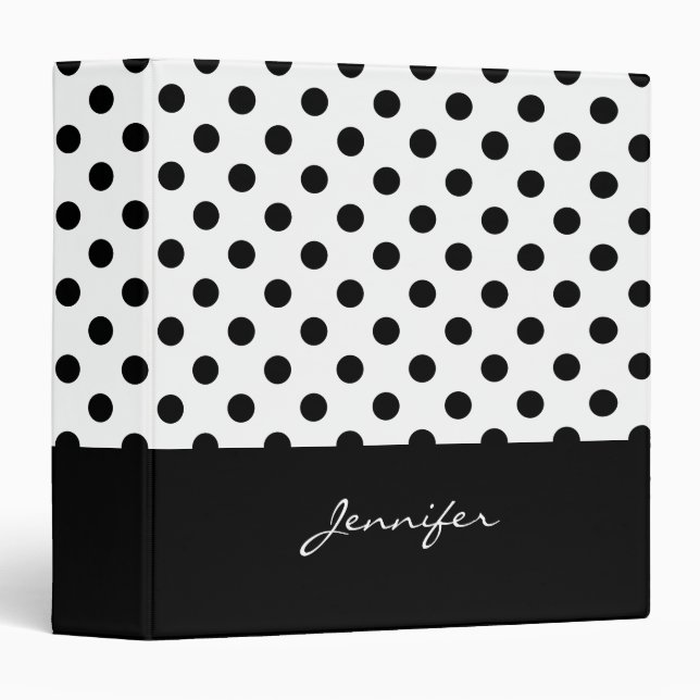Trendy Black and White Polka Dots with Name 3 Ring Binder (Front/Spine)