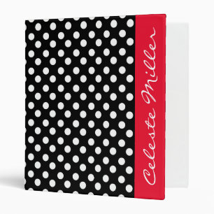 Trendy Black and White Polka Dots with Red 3 Ring Binder