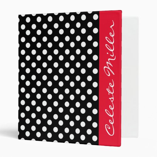 Trendy Black and White Polka Dots with Red 3 Ring Binder