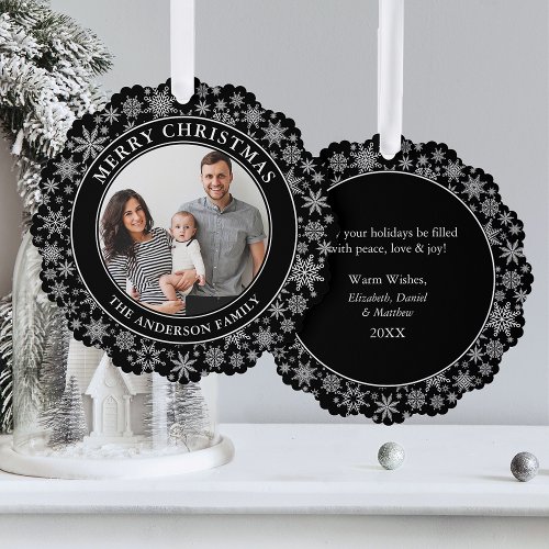 Trendy Black and White Snowflakes Merry Christmas Ornament Card