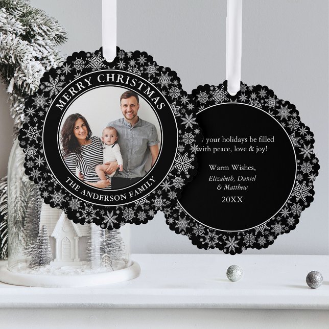 Trendy Black and White Snowflakes Merry Christmas Ornament Card (A greeting card that is also an ornament! Customize with your photo and personalized text.)