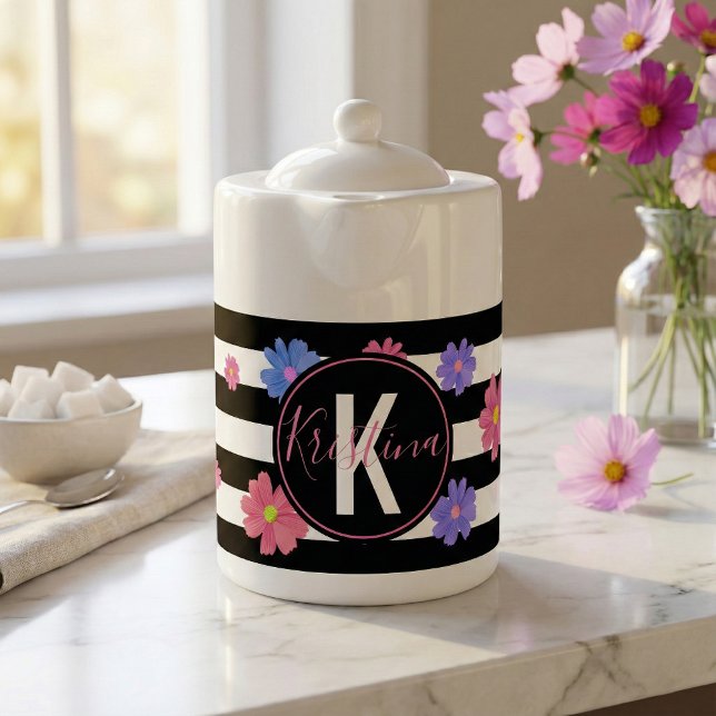 Trendy Black and White Stripes Floral Monogram Teapot (Creator Uploaded)