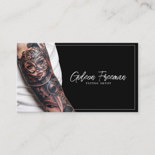 Trendy Black and White Tattooed Arm Tattoo Artist Business Card