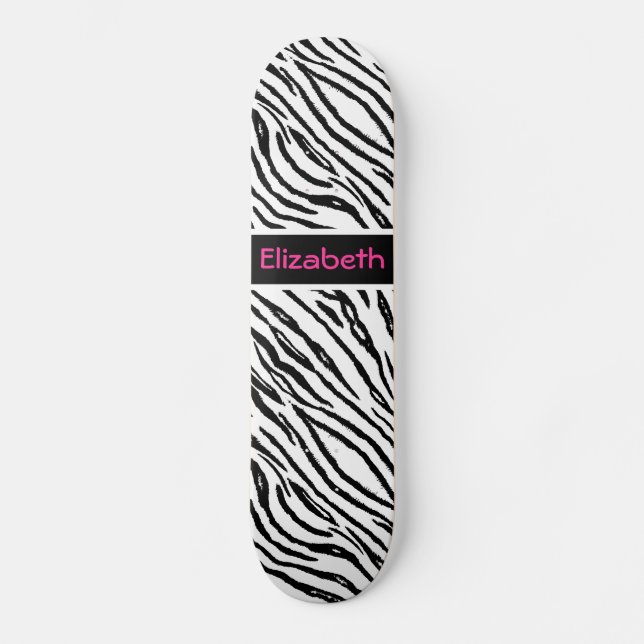 Trendy Black and White Tiger Stripes Pink Name Skateboard Deck (Front)