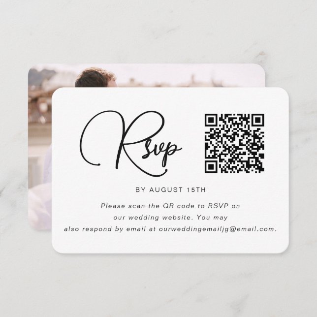 Trendy Black and White Wedding Photo RSVP QR Code (Front/Back)
