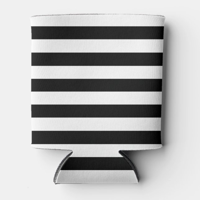 Trendy Black and White Wide Horizontal Stripes Can Cooler (Front)